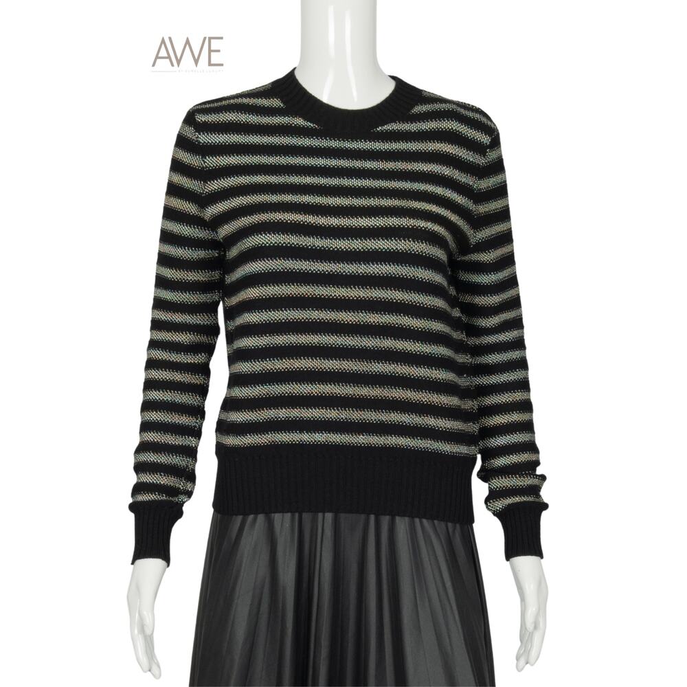 CHRISTIAN DIOR Black Metallic Wool Blend Knit Stripes Crew Neck Sweater 8 EU 40